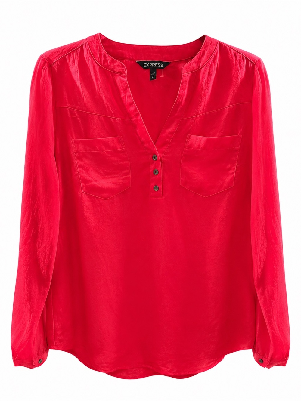 Express Women's Bright Red Long-Sleeve V-Neck Button Placket Blouse